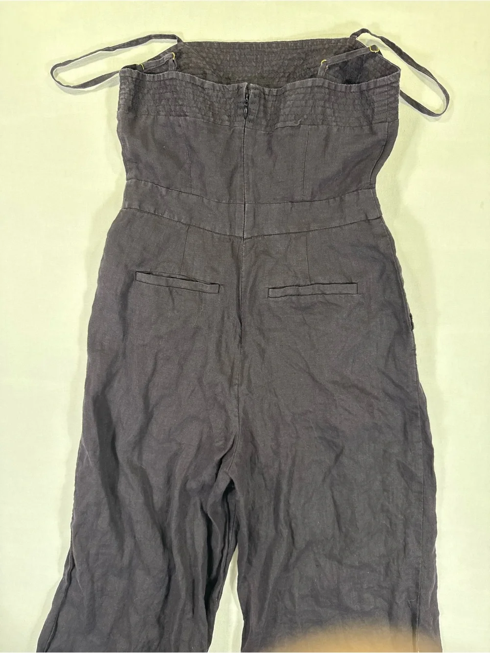 J. Crew Dark Wine Smocked Strap Linen-Blend Jumpsuit